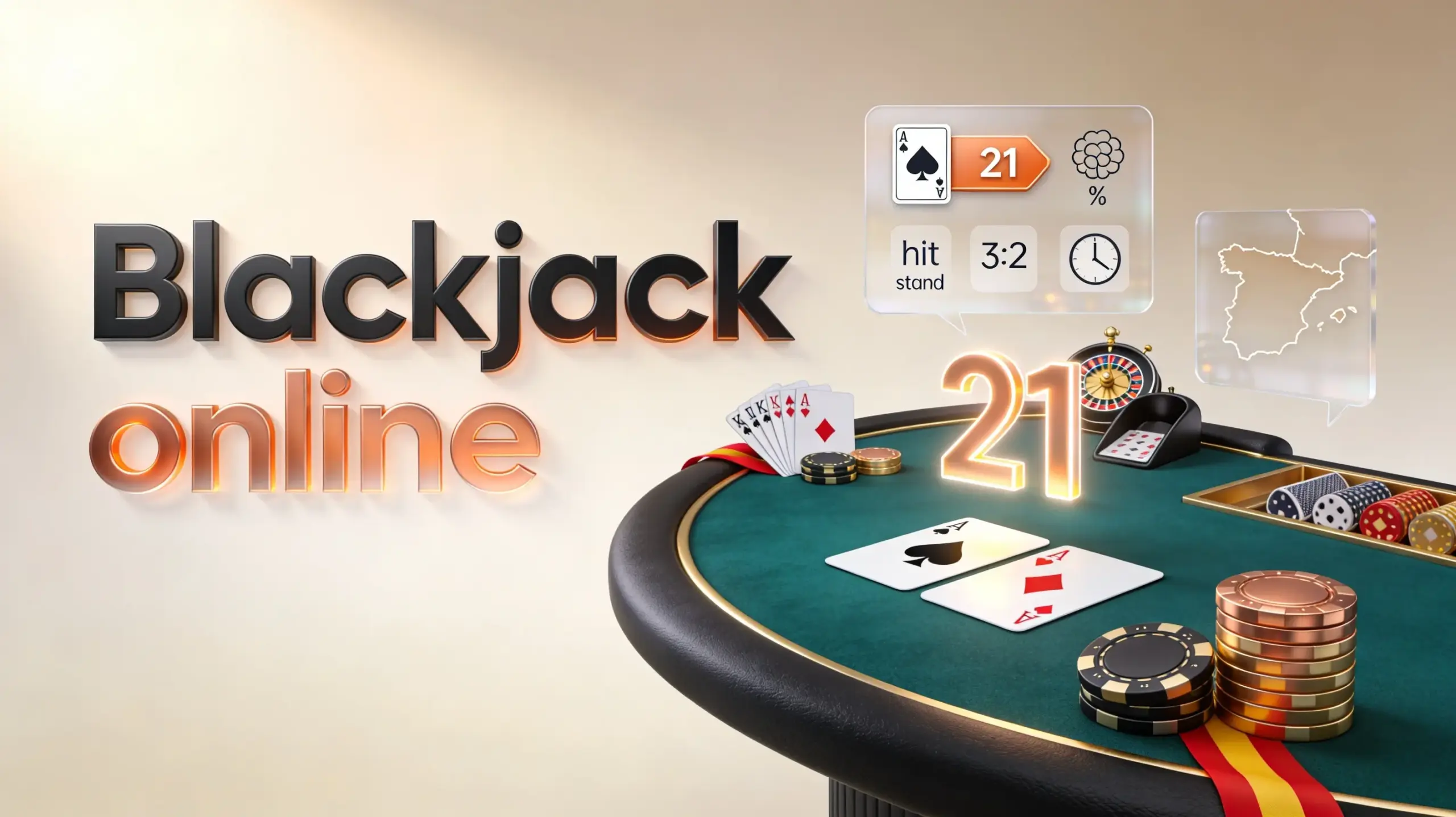 Blackjack online en España: mesa con la mano perfecta de 21, fichas premium y cartas de la baraja española como guiño cultural al jugador hispano