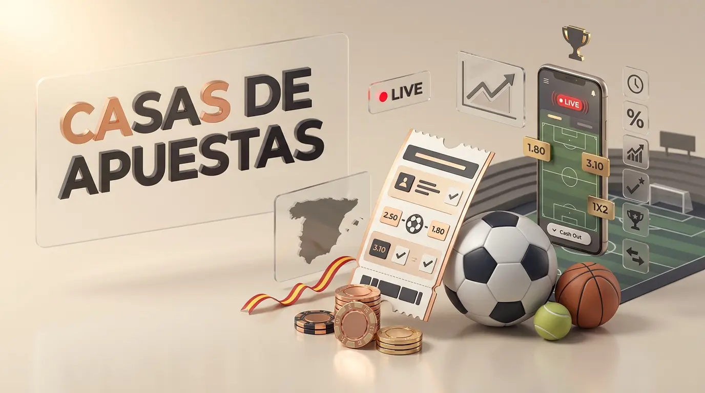 Casas de apuestas online en España: boleto de apuestas deportivas, balón de fútbol 3D y panel de cuotas en vivo junto a fichas premium, simbolizando las mejores plataformas de apuestas con licencia DGOJ