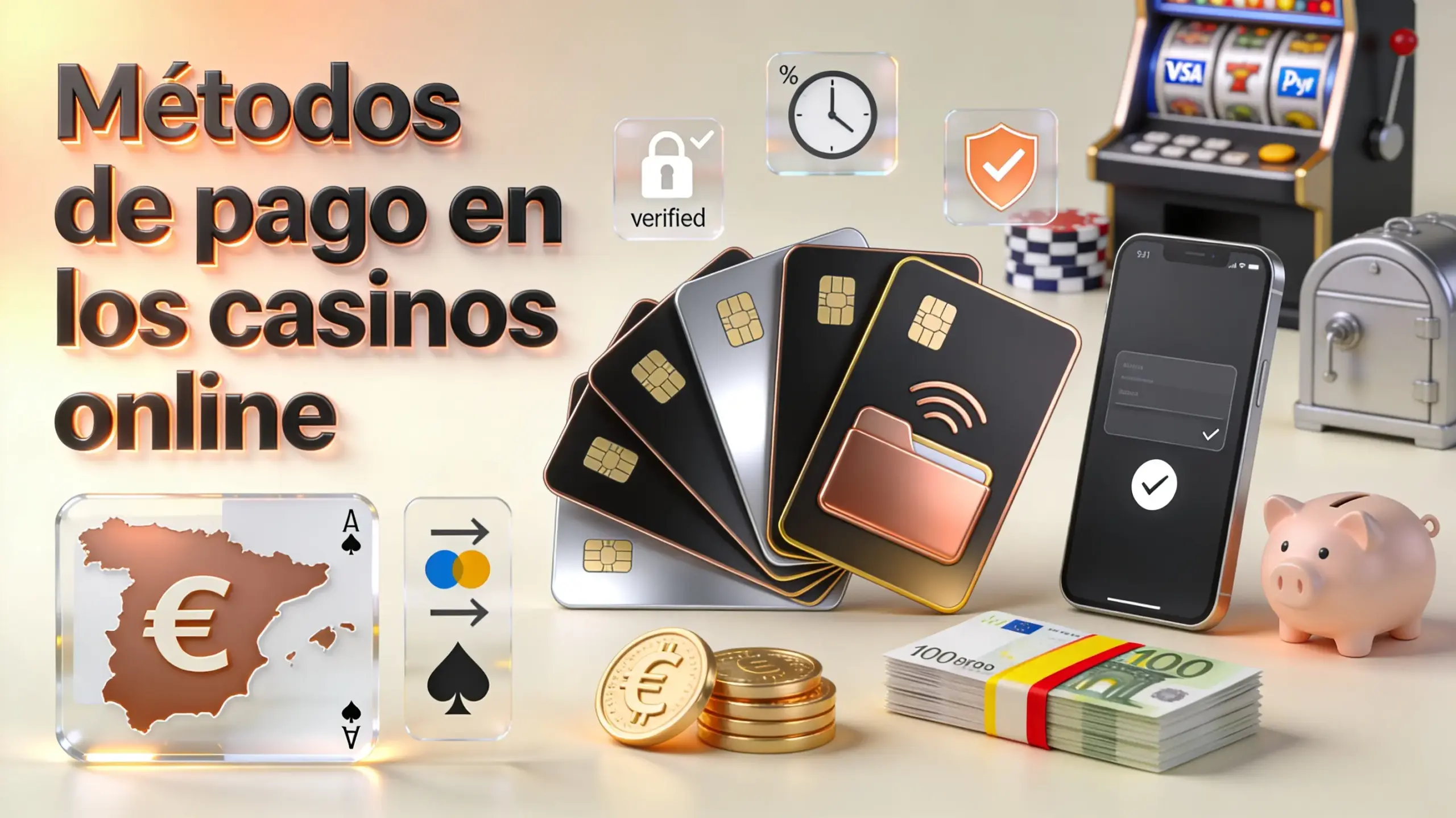 Abanico de tarjetas premium en tonos dorados y negros junto a cartera digital y monedas euro representando los métodos de pago en casinos online en España