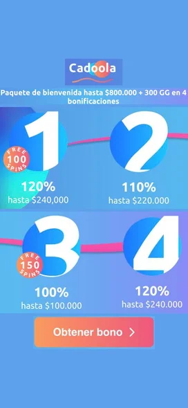 Cadoola bono de bienvenida Chile Paquete de bienvenida de Cadoola hasta $800.000 CLP para Chile y Perú