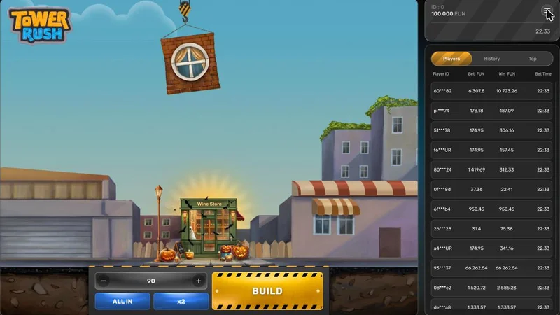 Tower Rush: botón Build y apuestas de otros jugadores en vivo